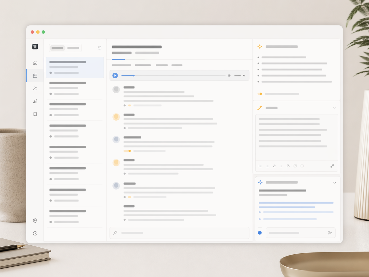 Product mockup showing meeting transcript, notes, summary, and context-aware answers.